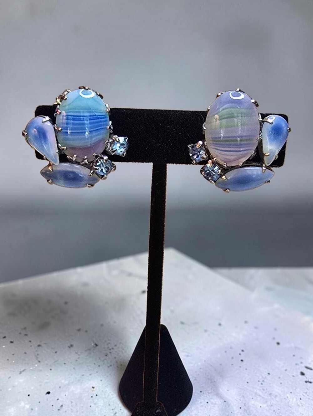 Vintage Striped Givre Glass Cabochon Clip On Earrings